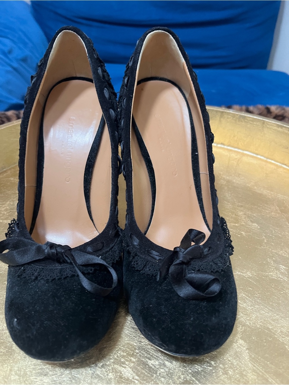 Emanuel Ungaro suede pump with bow and lace trim detail